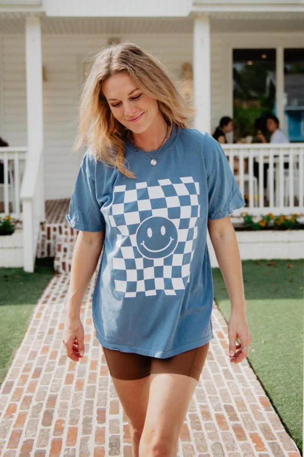 Checkered Pattern Happy Face T-Shirt - Image 3
