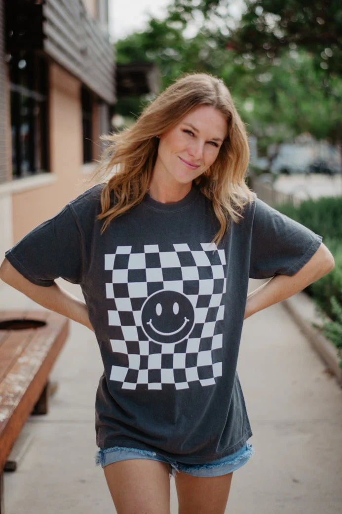 Checkered Pattern Happy Face T-Shirt - Image 4