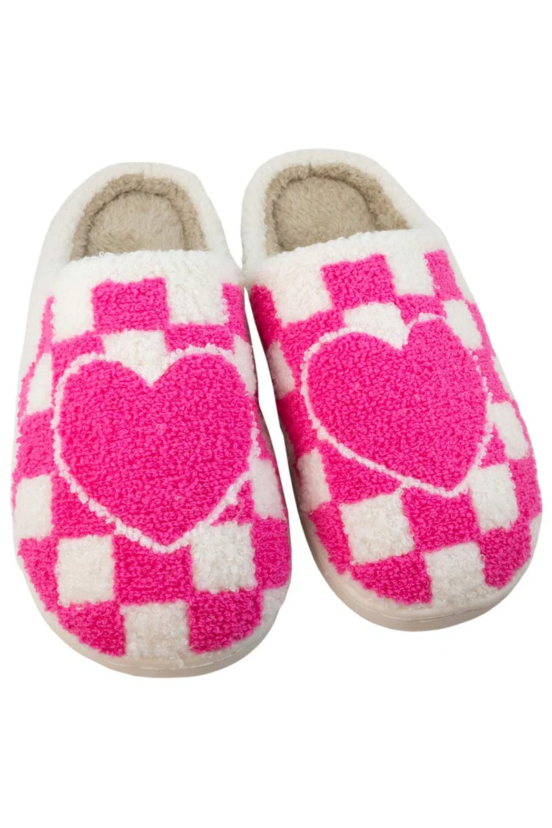Hot Pink HEART CHECKER Fuzzy Slippers - Image 3