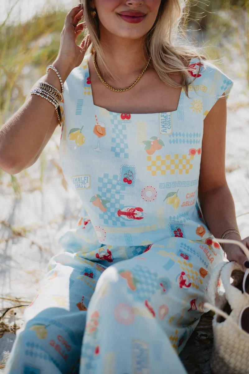 Italian Summer Blue Linen Matching Top And Pants Set - Image 2