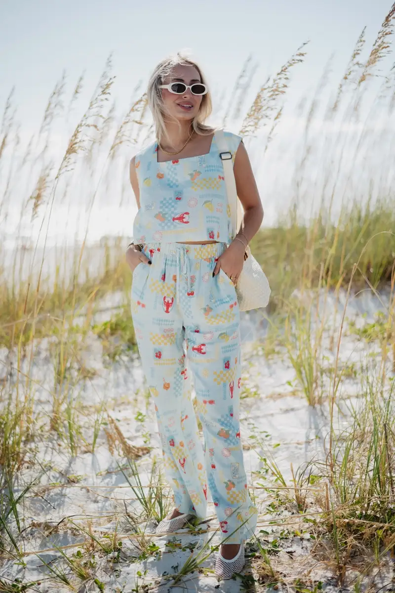 Italian Summer Blue Linen Matching Top And Pants Set - Image 3