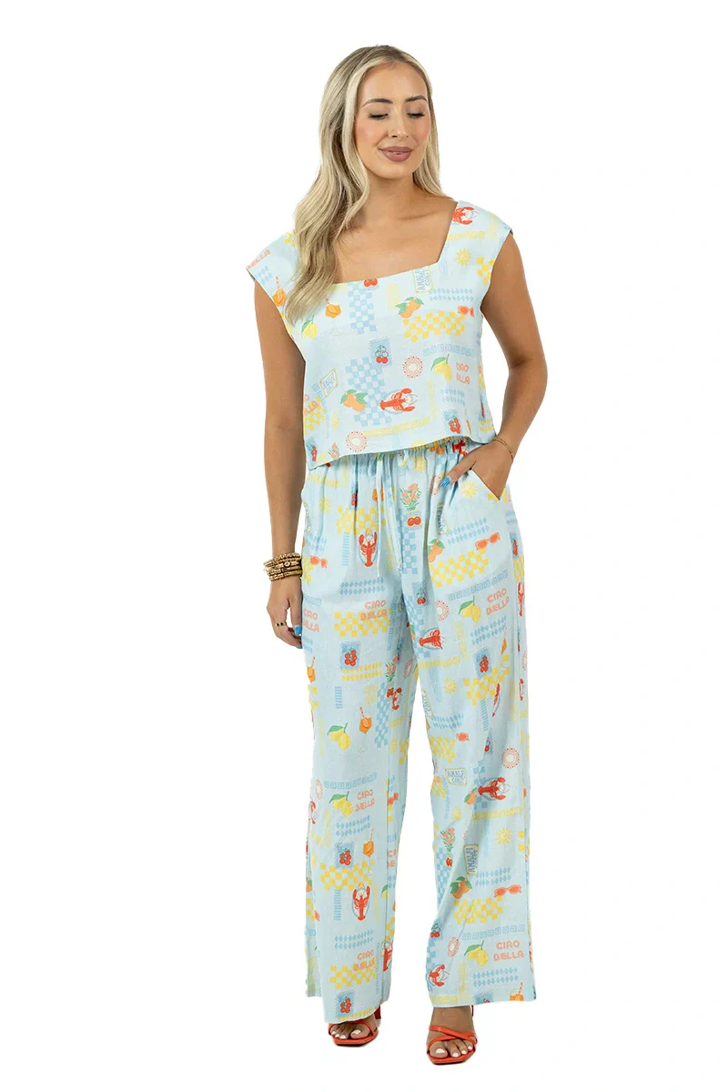 Italian Summer Blue Linen Matching Top And Pants Set - Image 5