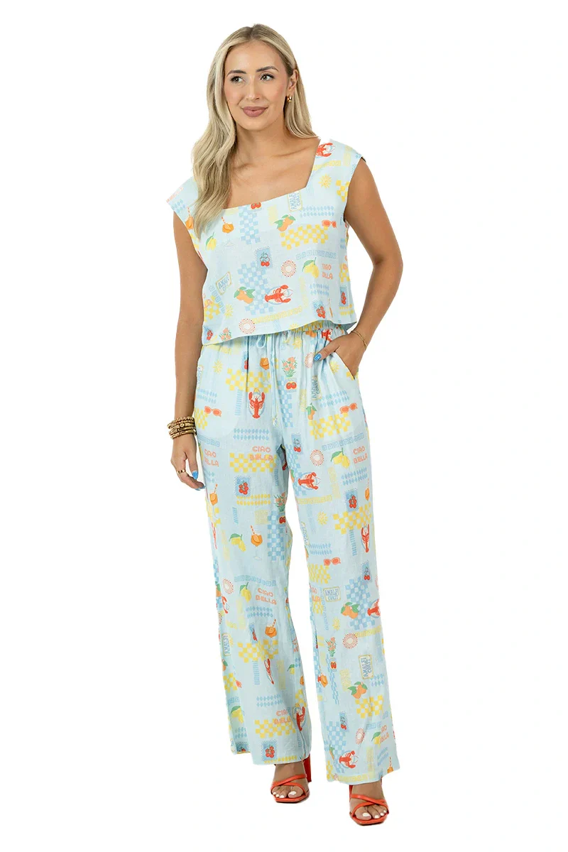 Italian Summer Blue Linen Matching Top And Pants Set - Image 6