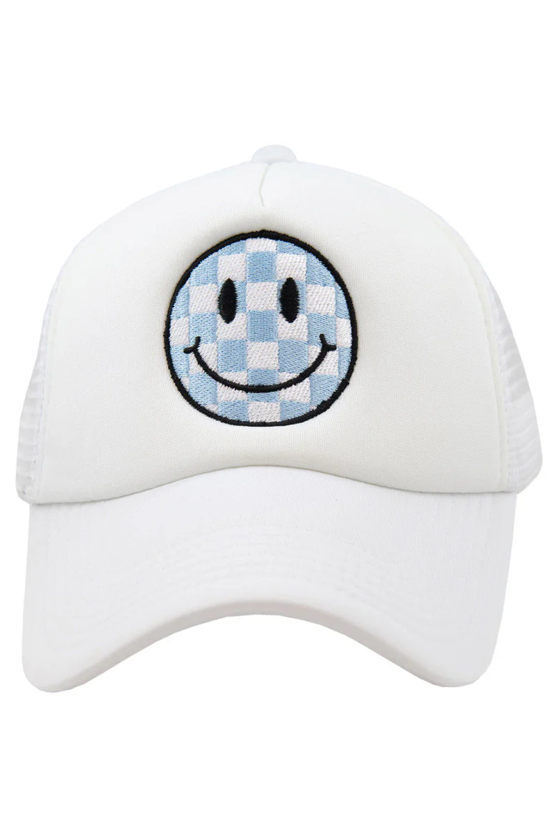 Light Blue Checkered Happy Face Foam Trucker Hat - Image 3