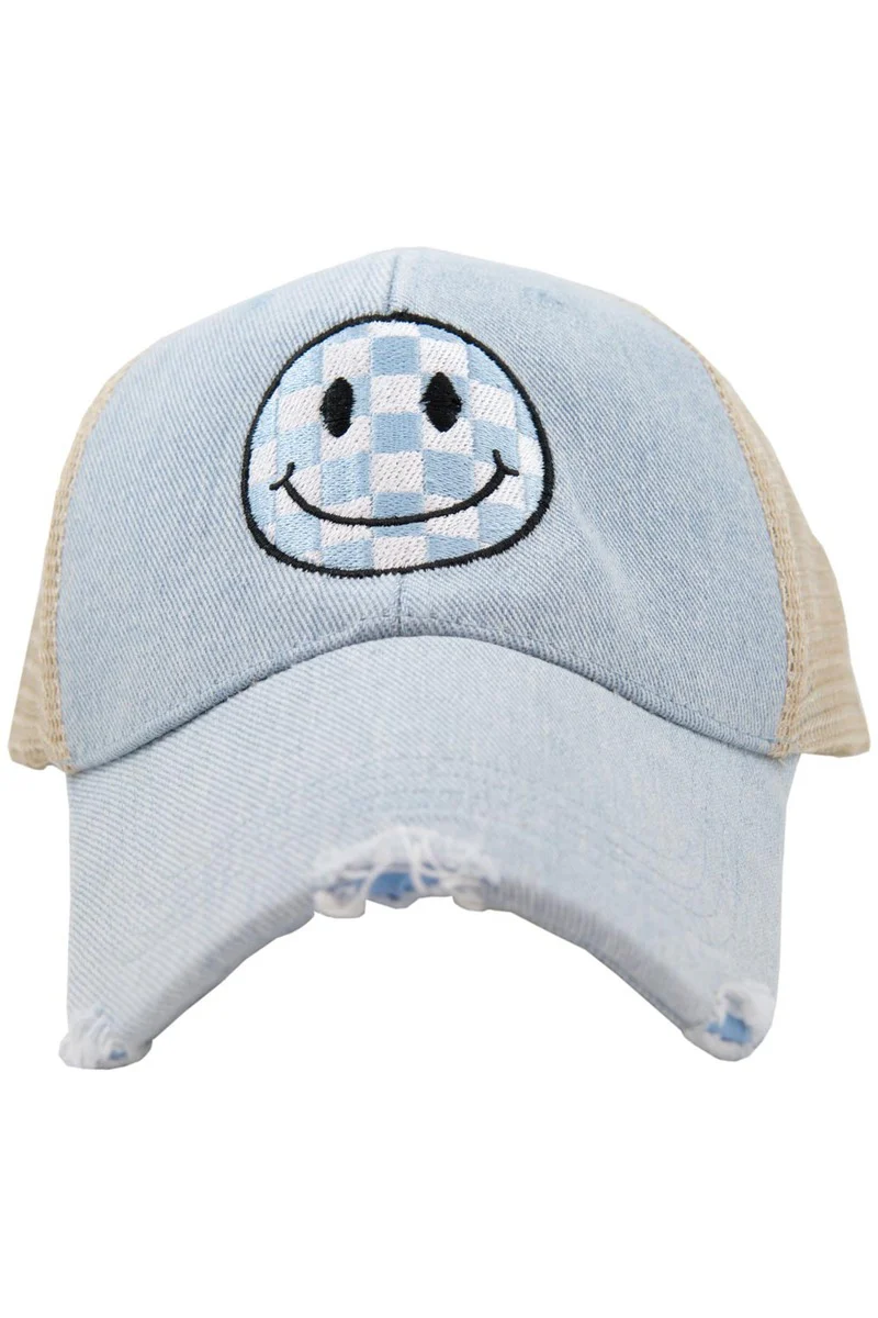 Light Blue Checkered Happy Face Trucker Hat - Image 3