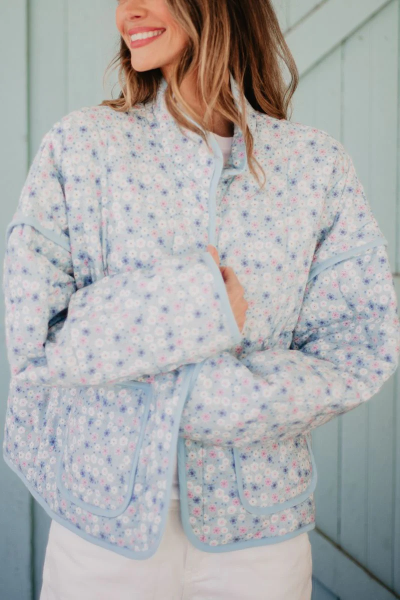 Light Blue Dainty Floral Lightweight Quilted Jacket - Image 4
