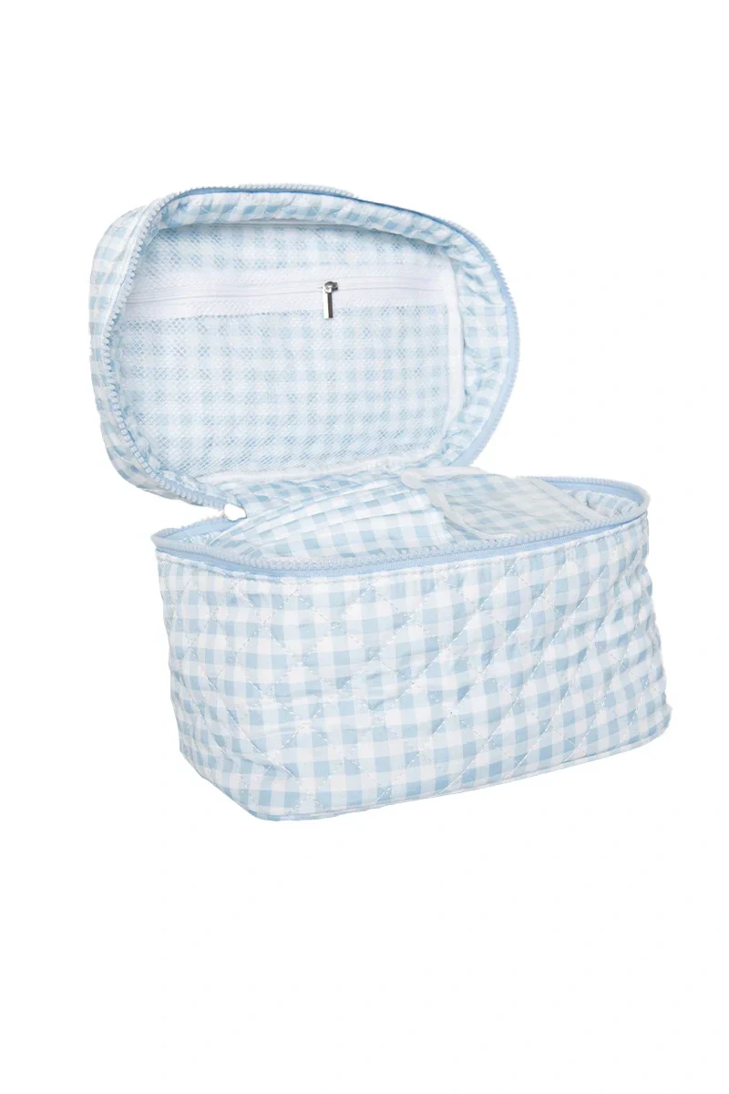 Light Blue Plaid Make Up Bag for Travel - Image 3