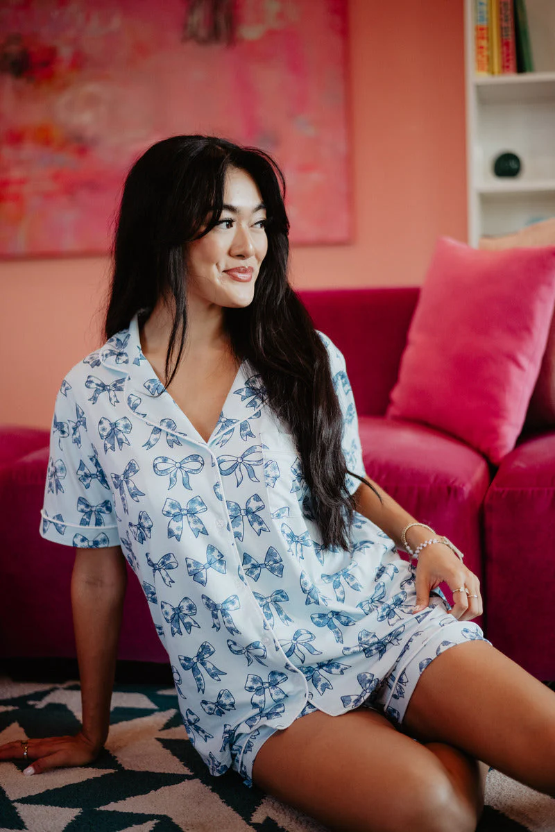 Light Blue Toile Coquette Bows Lounge PJ Set - Image 4