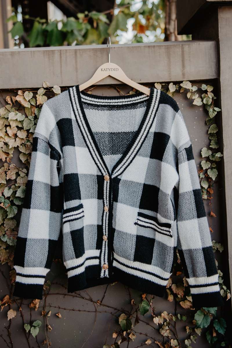Open Front Black Plaid Cardigan Sweater - Image 3