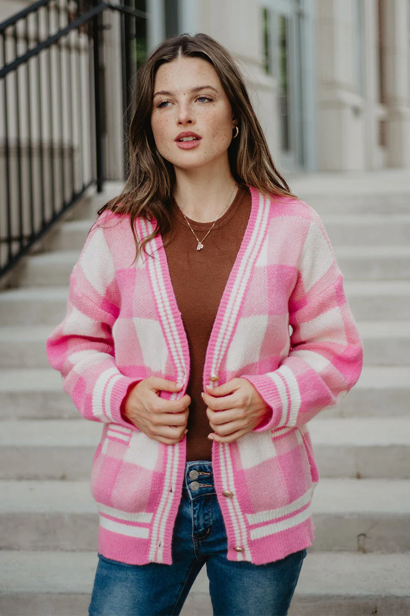 Plaid Gold Button Knitted Pink Cardigan - Image 3