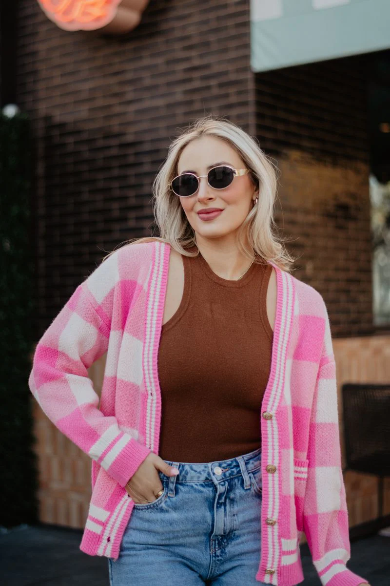 Plaid Gold Button Knitted Pink Cardigan - Image 5
