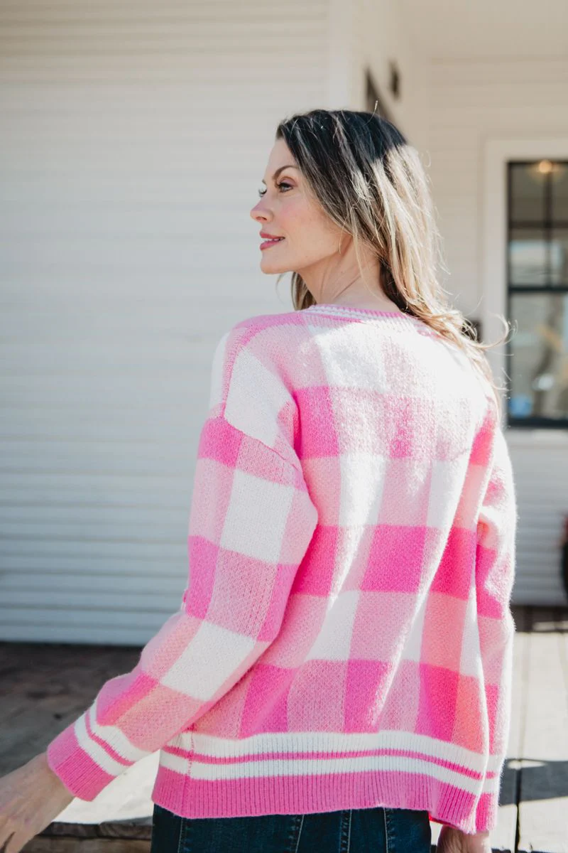 Plaid Gold Button Knitted Pink Cardigan - Image 6