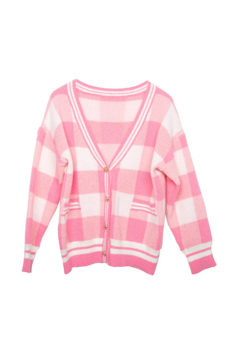 Plaid Gold Button Knitted Pink Cardigan - Image 7