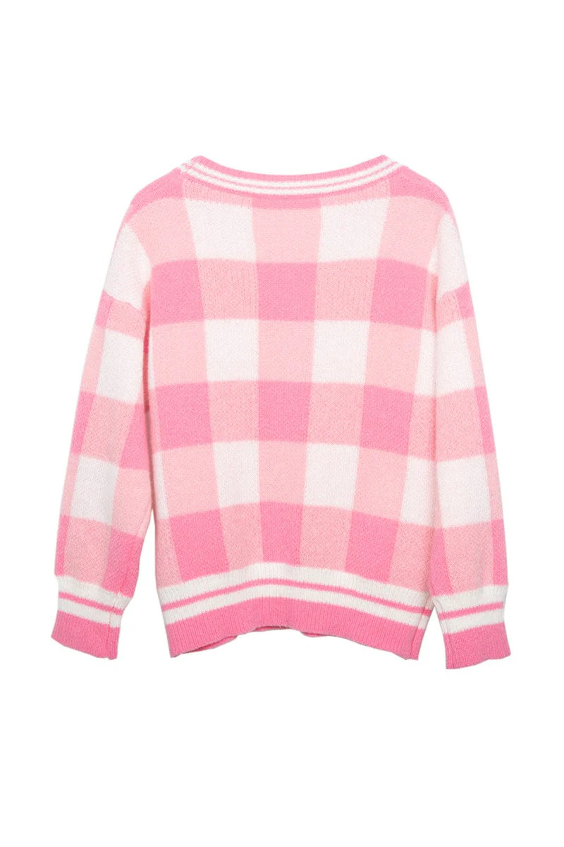 Plaid Gold Button Knitted Pink Cardigan - Image 8