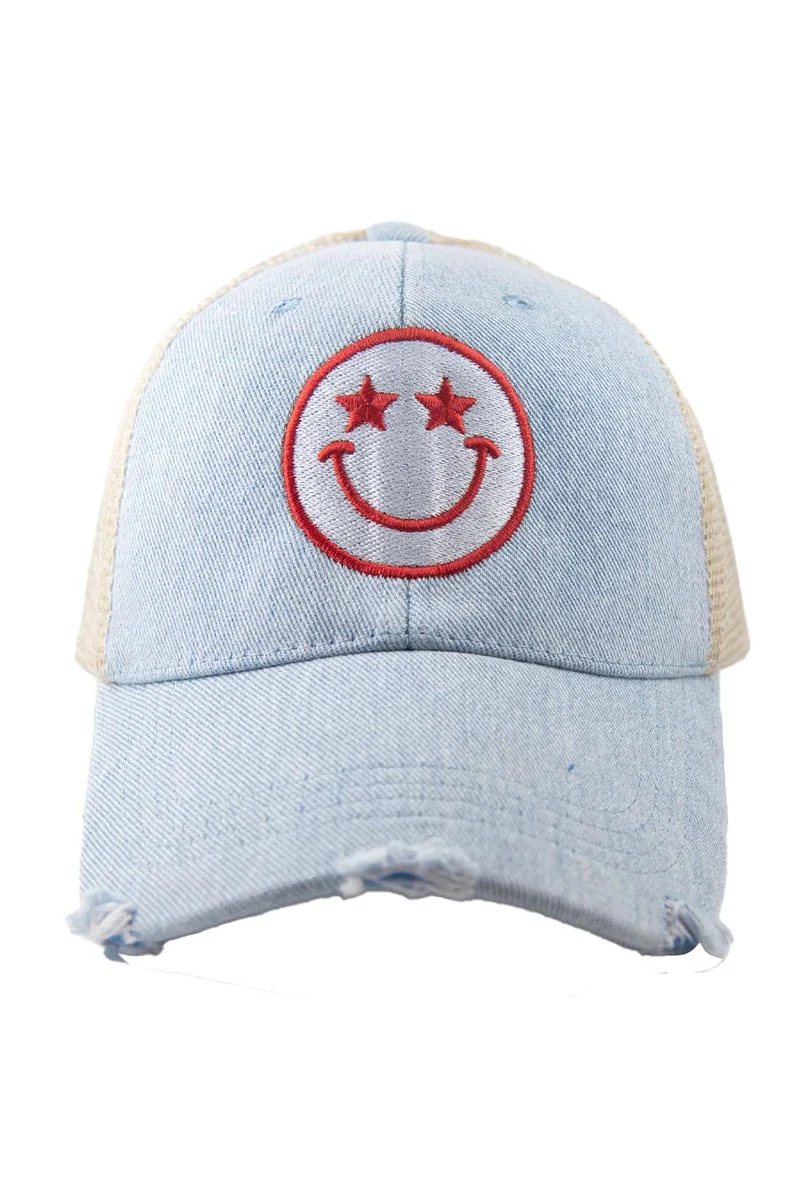 Star Eyed Happy Face Denim Embroidered Trucker Hat - Image 3