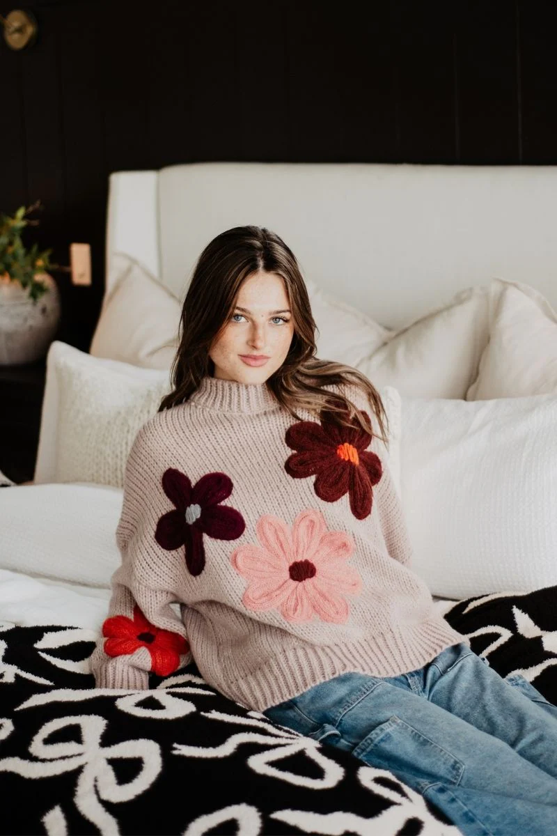 Tan Floral Knit Stitched Sweater - Image 3