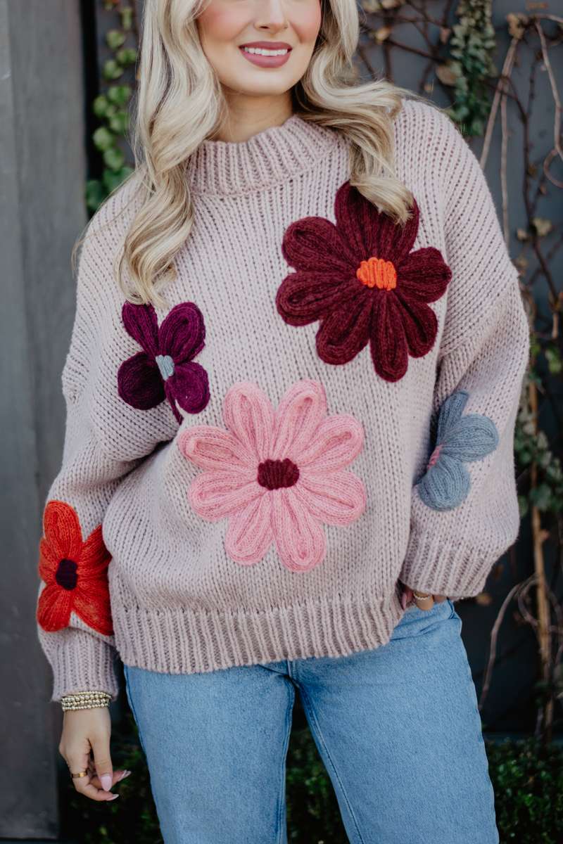 Tan Floral Knit Stitched Sweater - Image 4