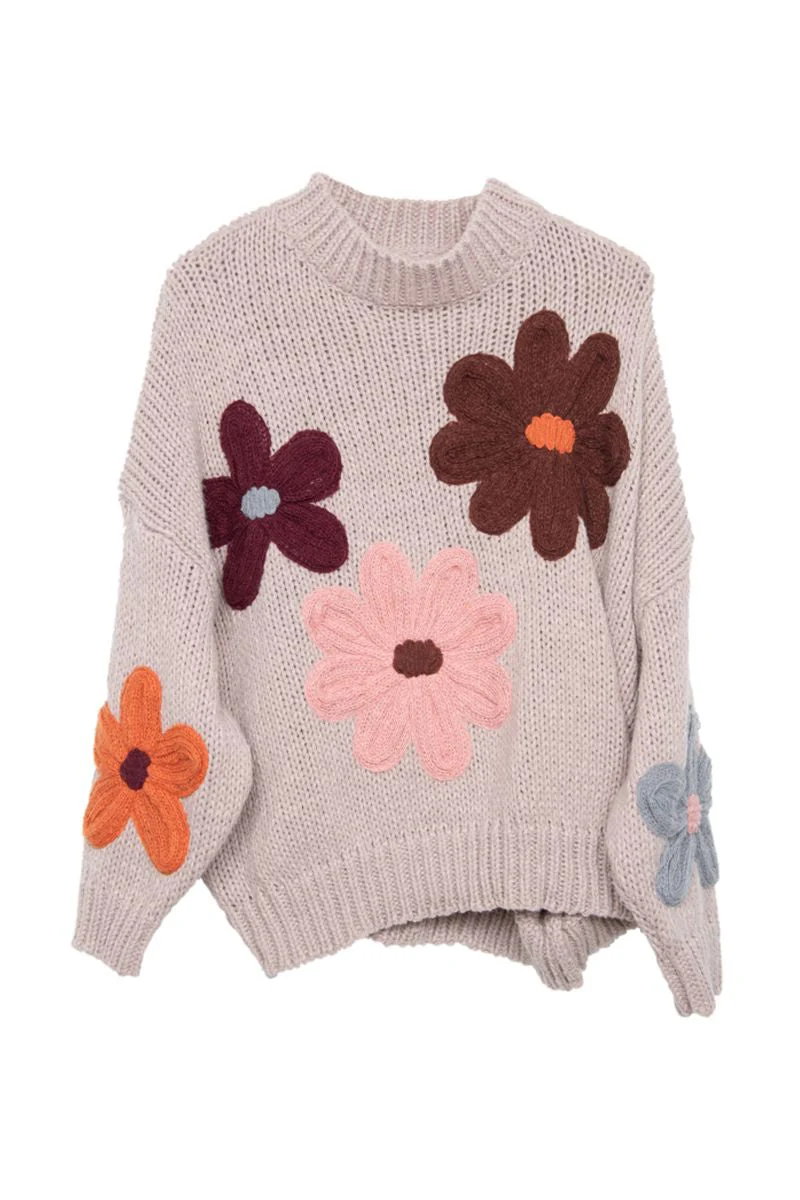 Tan Floral Knit Stitched Sweater - Image 6