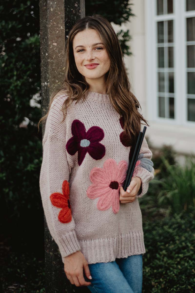 Tan Floral Knit Stitched Sweater - Image 8