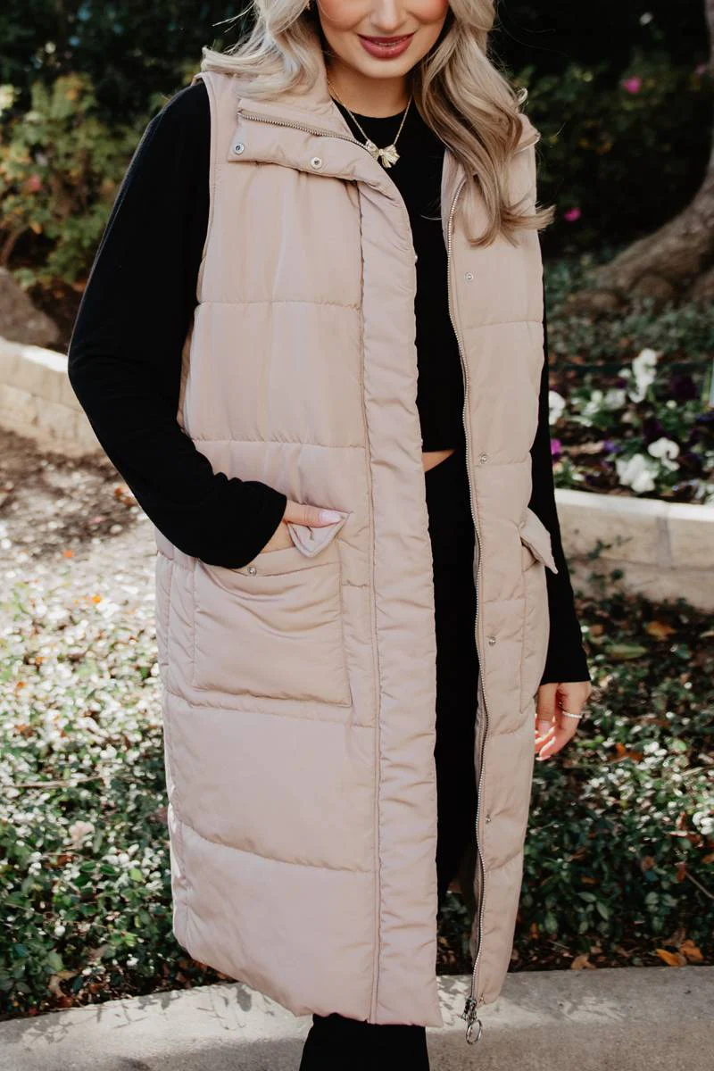 Tan Long Quilted Puffer Vest - Image 3