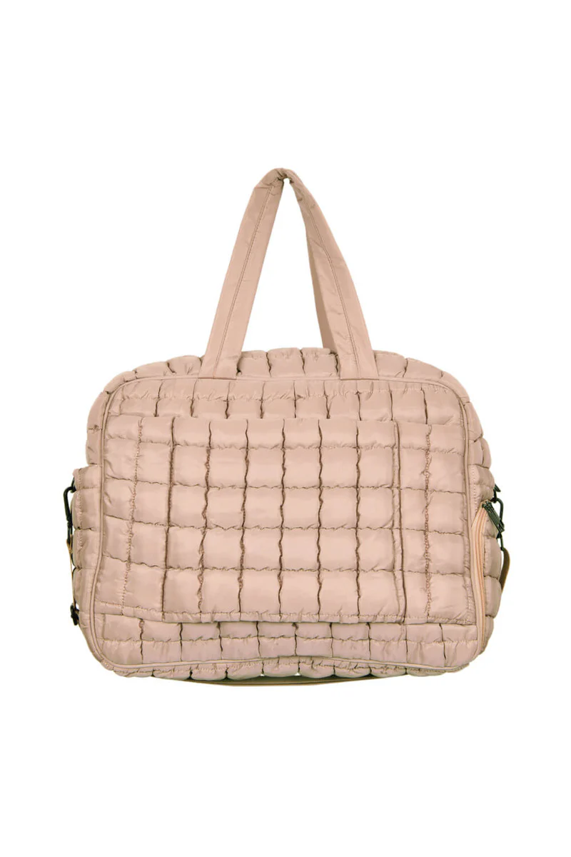 Tan Quilted Duffel Weekender Bag w/ Pass-Thru Slip - Image 3