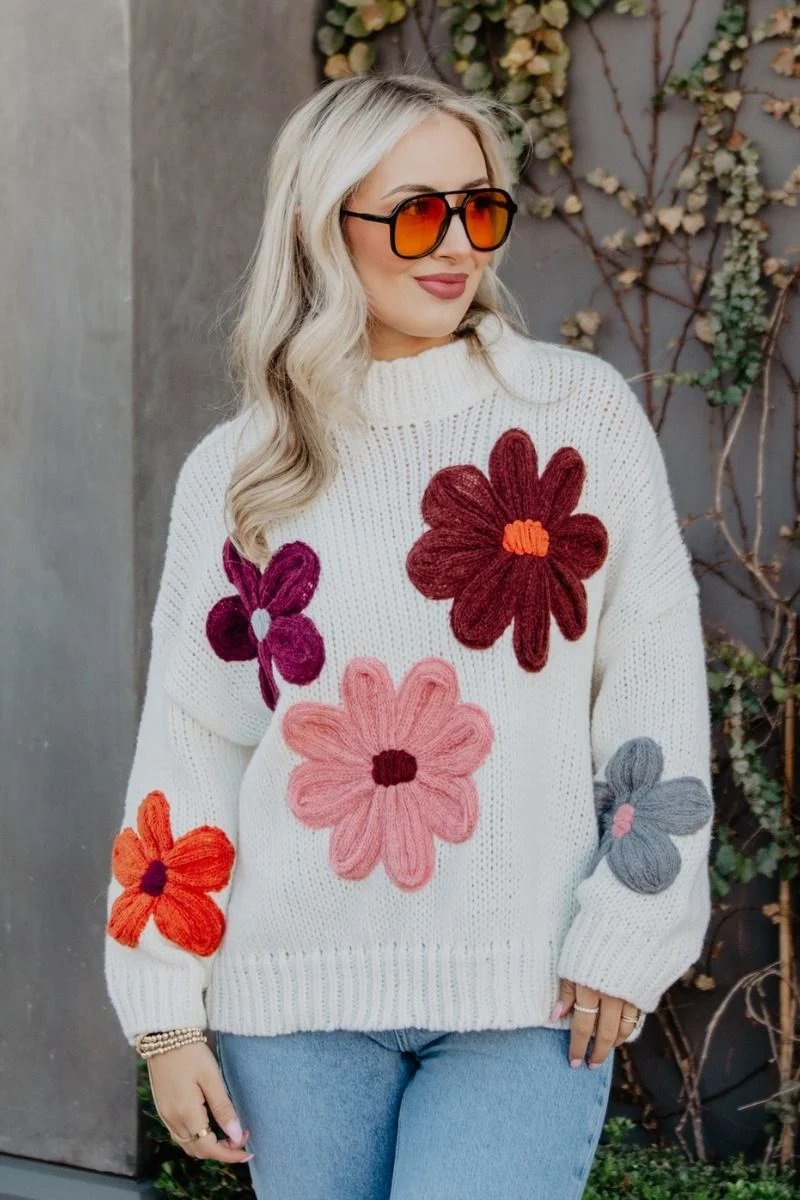 White Floral Warm Fall Stitched Sweater - Image 5