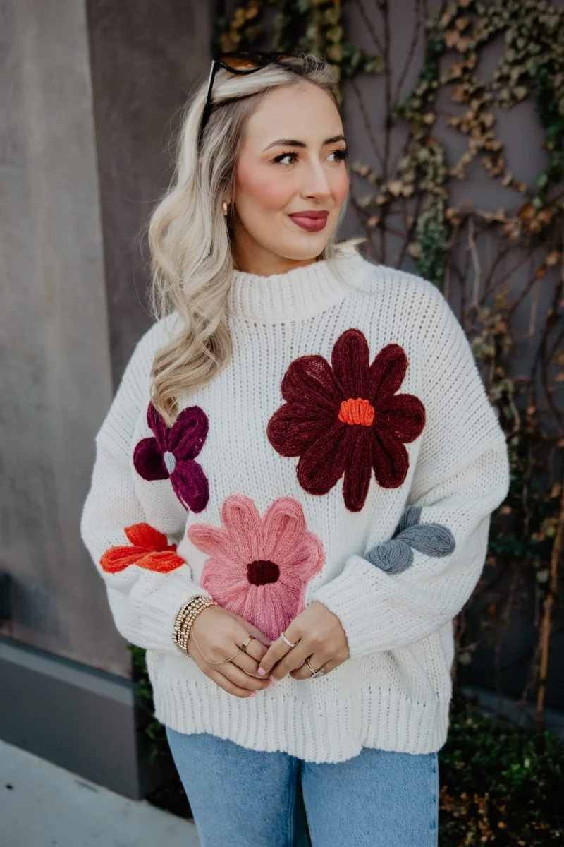 White Floral Warm Fall Stitched Sweater - Image 6