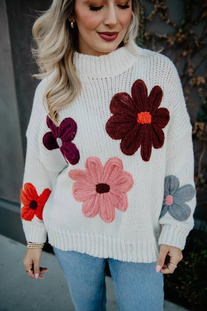 White Floral Warm Fall Stitched Sweater - Image 7