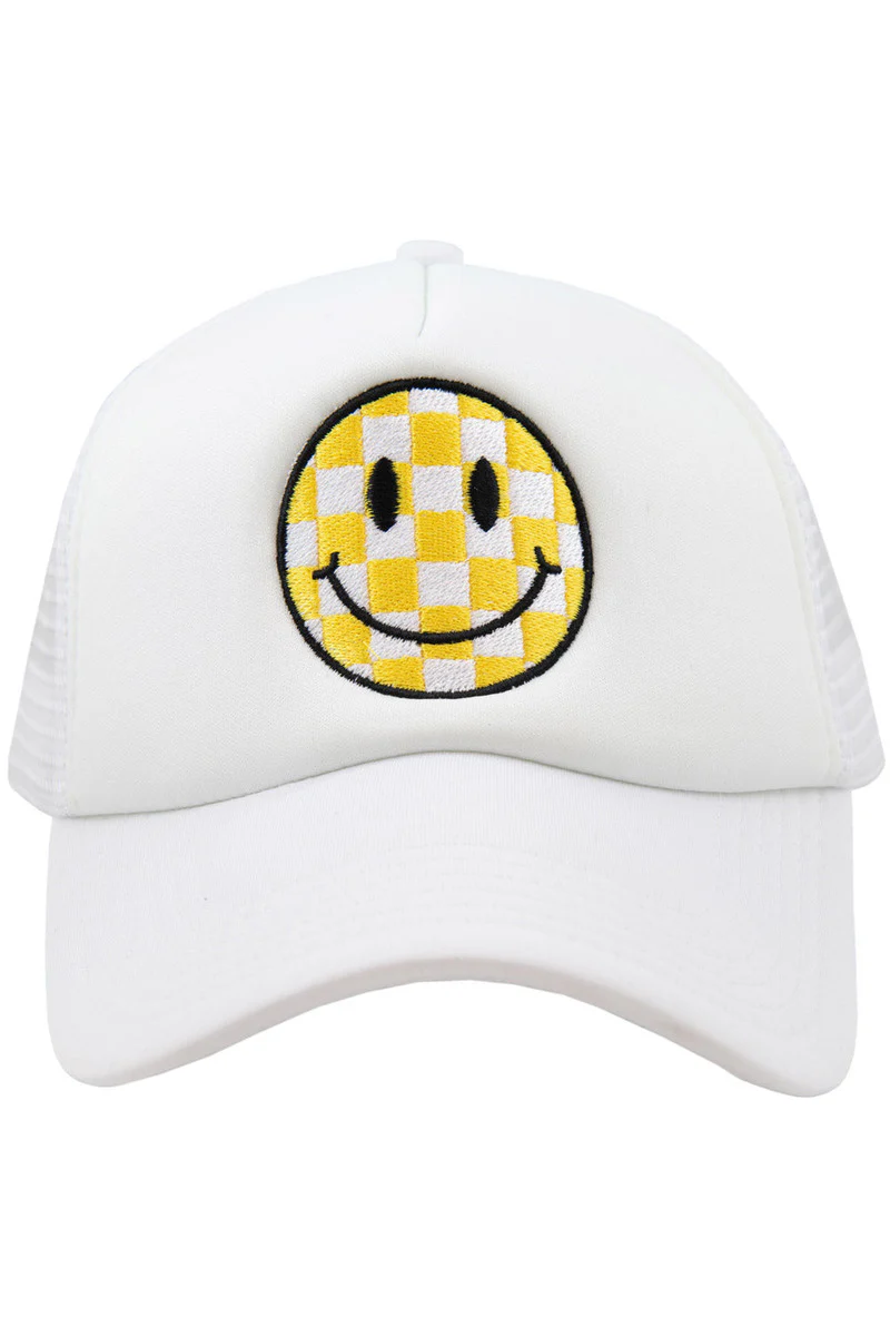 Yellow Checkered Happy Face Foam Trucker Hat - Image 3
