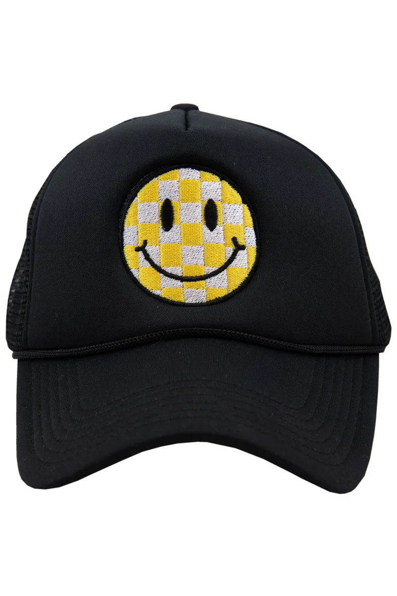 Yellow Checkered Happy Face Foam Trucker Hat - Image 4