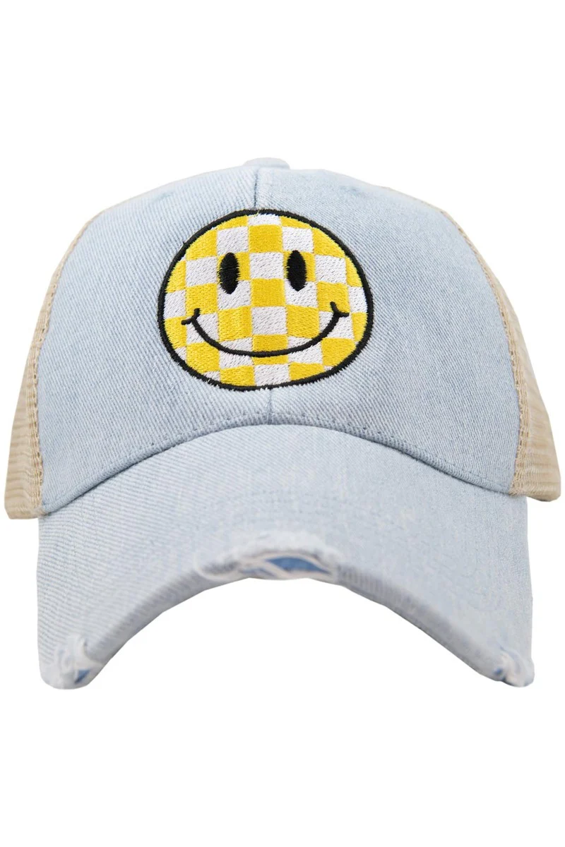 Yellow Checkered Happy Face Trucker Hat - Image 3